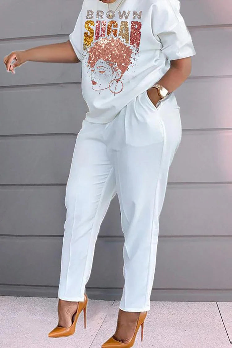 Plus Size White Casual Brown Short Sleeve Two Piece Pant Sets