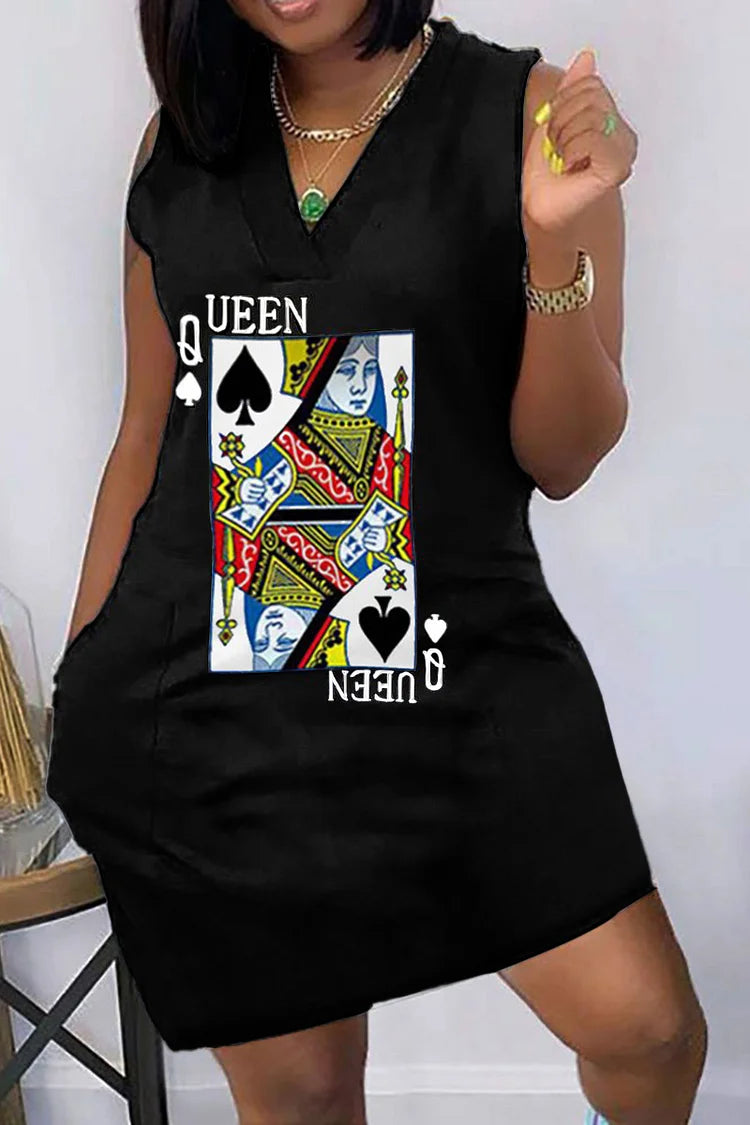 Plus Size Black Daily V-neck Poker Print Mini Dress