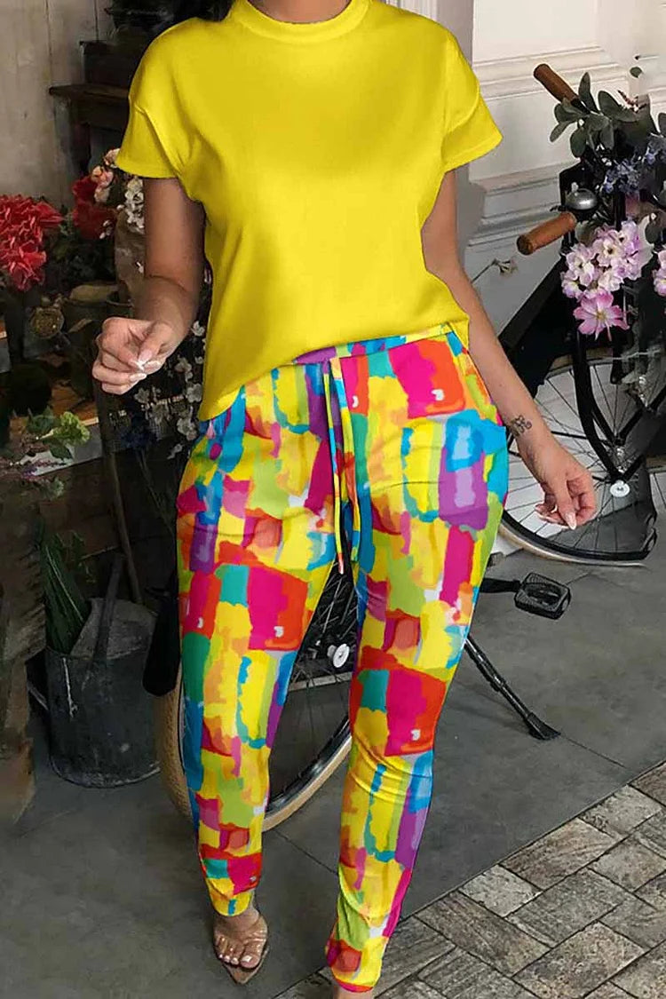 Plus Size Yellow Daily All Over Print Drawstring Two Pieces Pant Sets