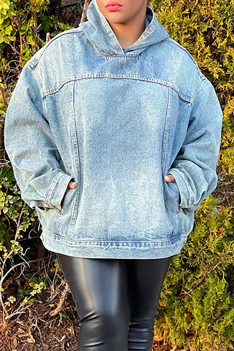 Plus Size Casual Denim Blue Pockets  Hoodies