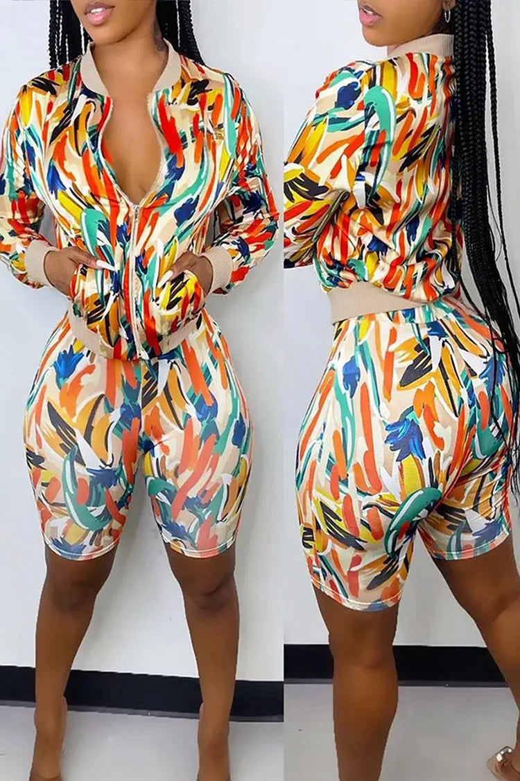 Plus Size Multicolor Casual Pocket Zipper All Over Print Two Piece Short Sets