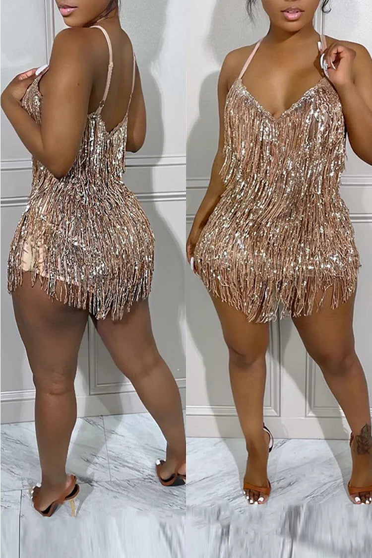 Plus Size Champagne Party Sequin Fringe Sleeveless Rompers