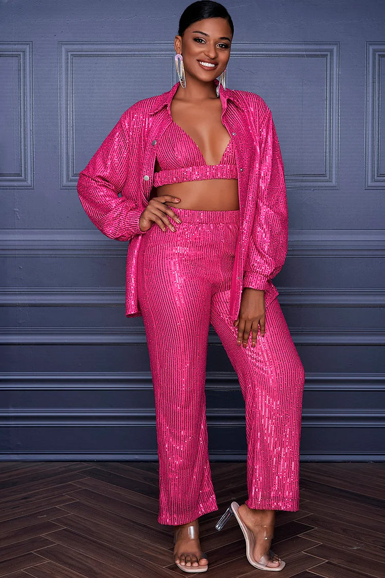 Plus Size Hot Pink Party Sequin Long Sleeve Three Piece Pant Sets
