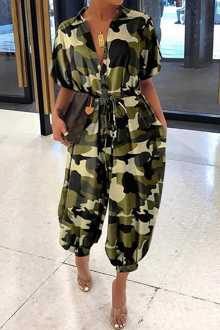 Plus Size Casual Button Design Camo Jumpsuit