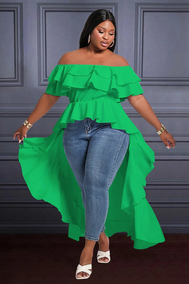 Plus Size Green Ruffle Irregular Off Shoulder Mini Dresses (No Shorts)