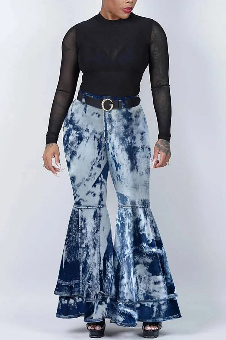 Plus Size Tie Dye Denim With Pockets Ruffle Wide Leg Bell Bottom Jeans