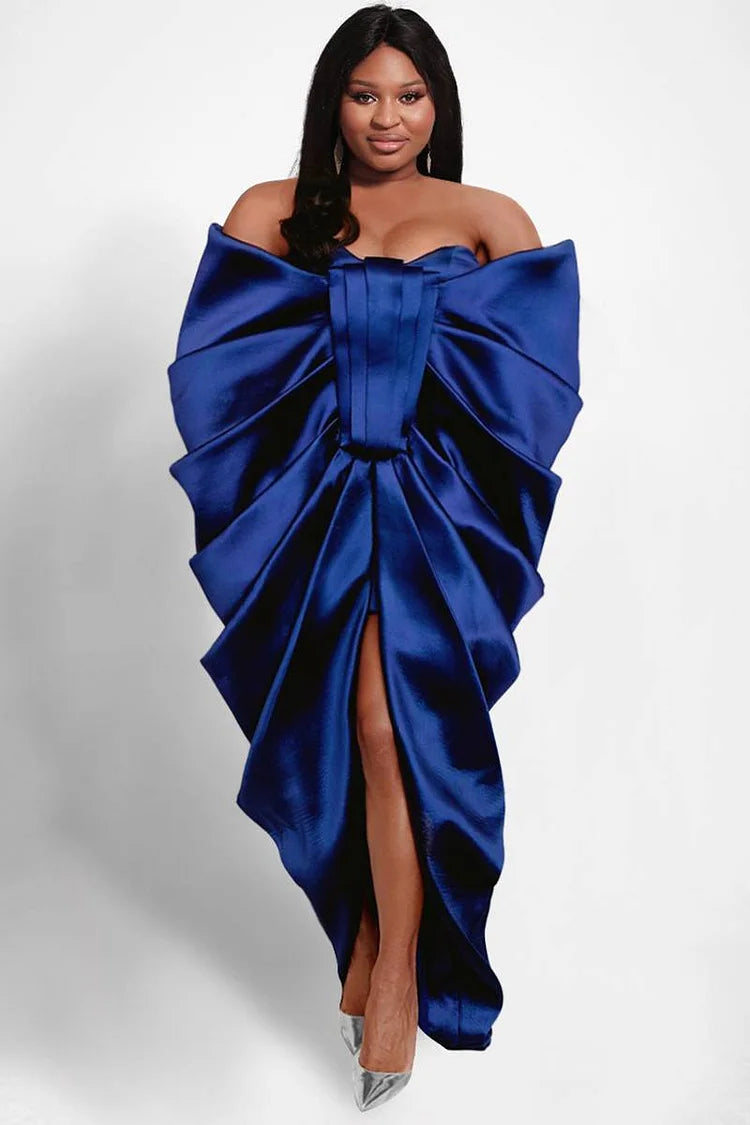 Plus Size Blue Formal Satin Off The Shoulder Fold Maxi Dress