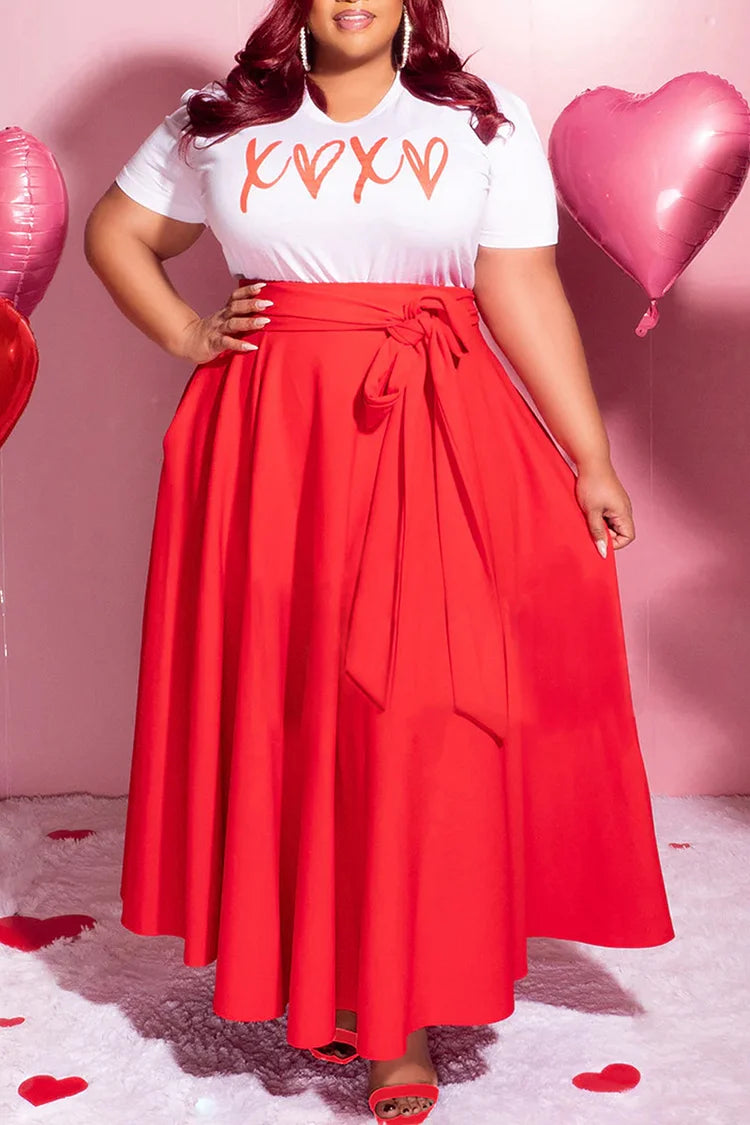 Plus Size Red Casual High Waisted Letter Print Belt A-Line Maxi Dress