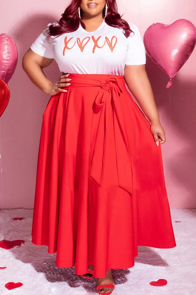 Plus Size Red Casual High Waisted Letter Print Belt A-Line Maxi Dress Image