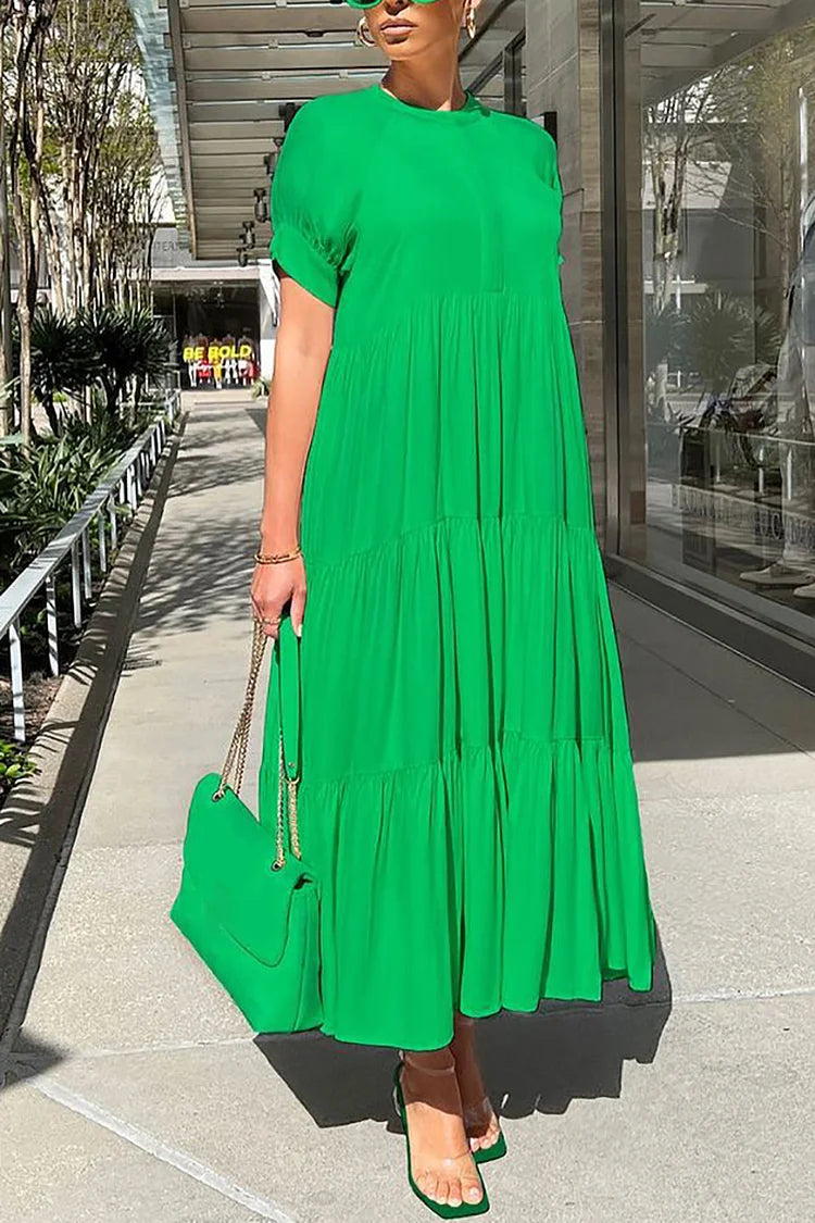 Plus Size Vacation Green Round Neck Short Sleeve Ruffle Maxi Dress