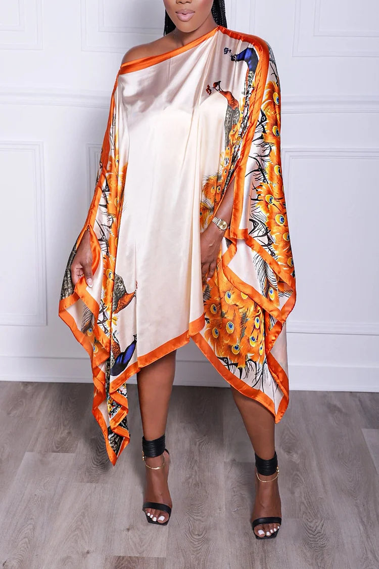 Plus Size Orange Daily Fold Print Dolman Sleeves Satin Midi Dress