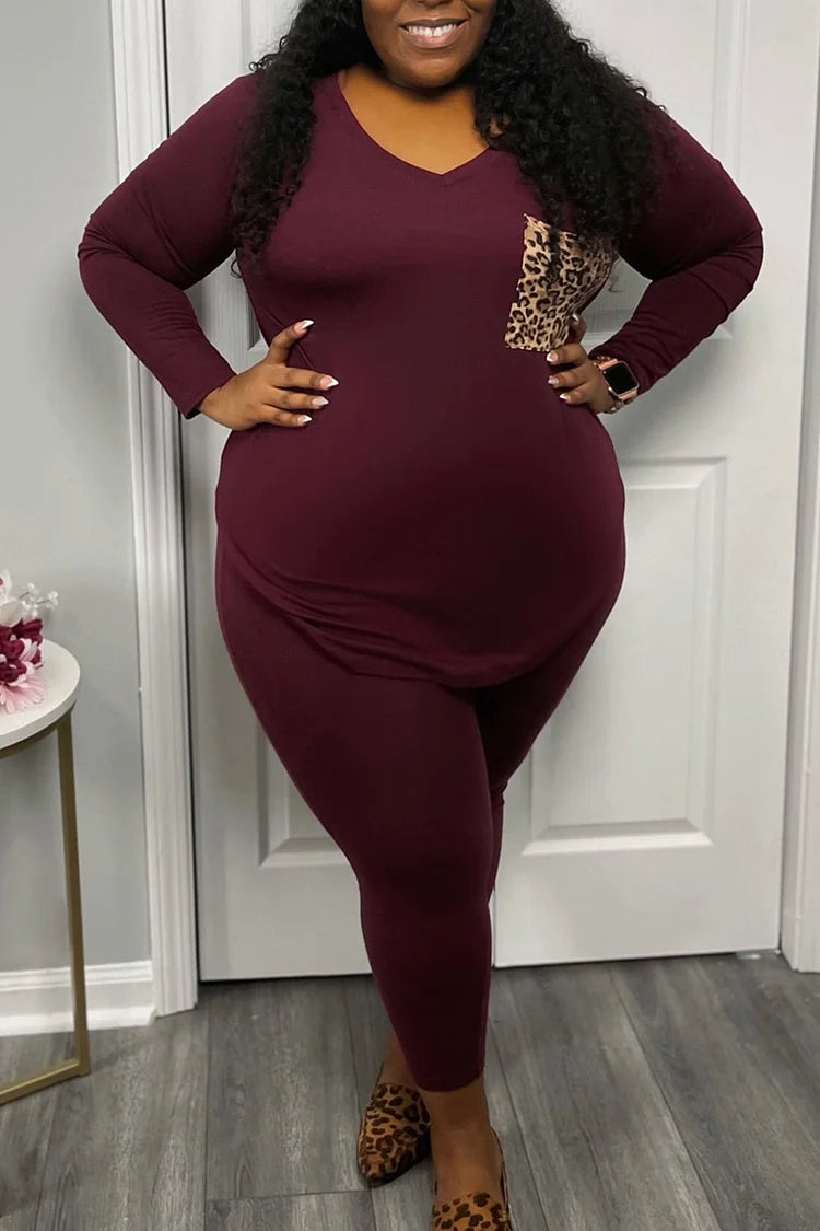 Plus Size Burgundy Casual Leopard Stitching Pocket Two Pieces Pants Set