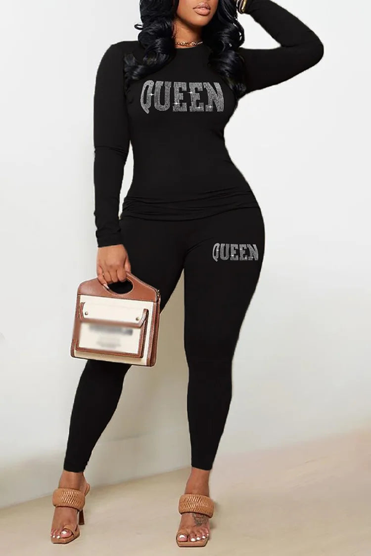 Plus Size Casual Black Letter Pattern Print Shiny Long Sleeve Two Pieces Pants Set