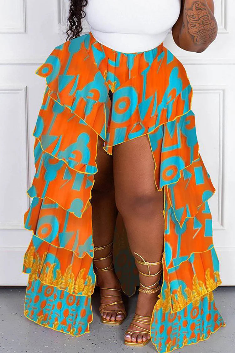 Xpluswear Plus Size Orange Boho All Over Print Ruffle Irregular Hem Tiered Skirt