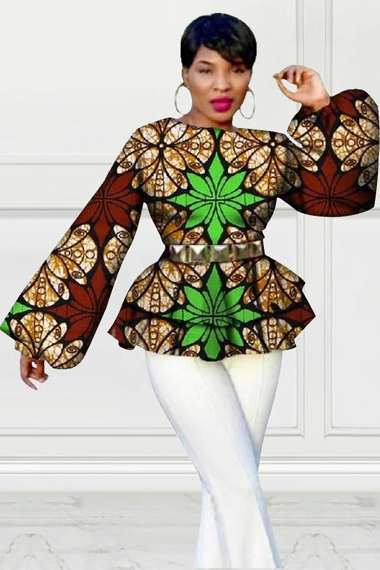 Plus Size Party Africa Print Lantern Sleeve Ruffle Blouses