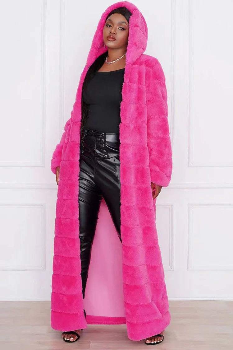Xpluswear Design Plus Size Hot Pink Long Sleeve Hooded Winter Cardigans Ankle Length Outwear (Ships 24h)