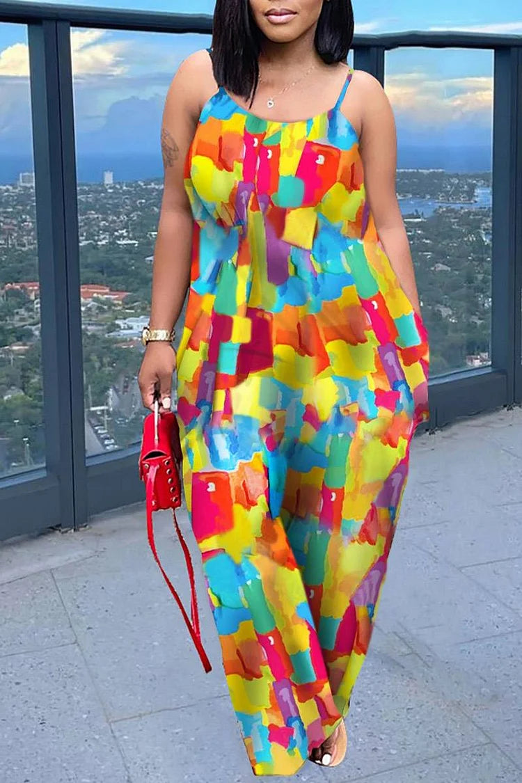 Plus Size Multicolor Daily Rainbow Cami Jumpsuits