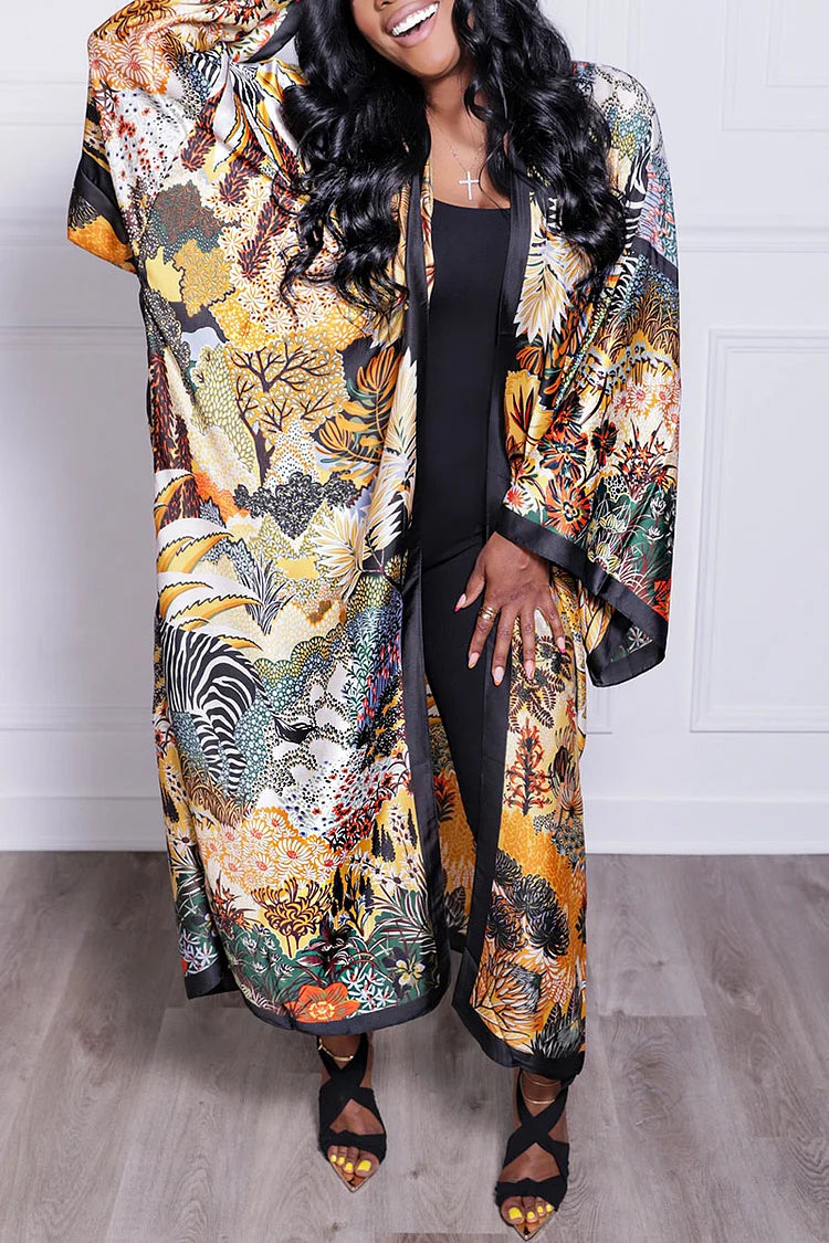 Plus Size Multicolor Casual All Over Print Long Sleeve Kimono Cardigans