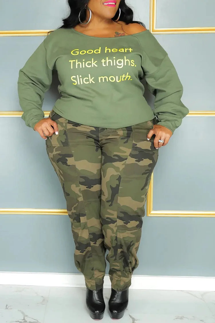 Plus Size Casual Green Off Shoulder Sweatshirt Camo Tied Jogger Two Pieces Pants Set