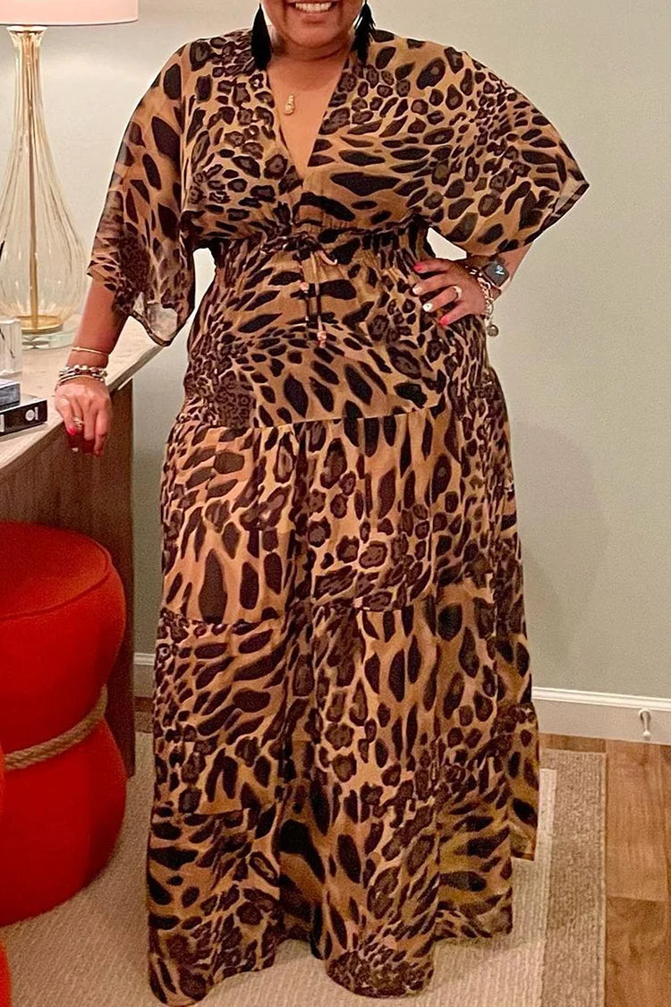 Plus Size Leopard Print Casual V-neck Wrap Maxi Dresses