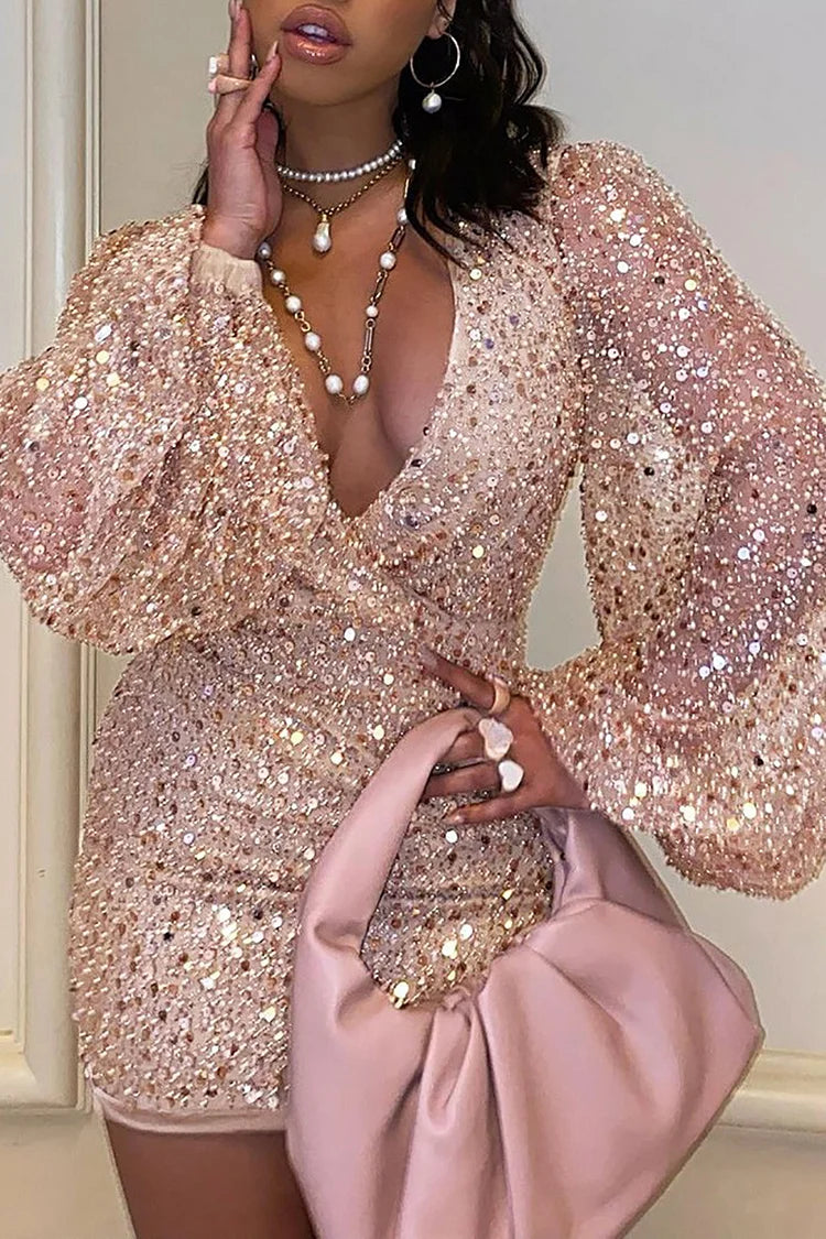 Plus Size Party Sequin V Neck Lantern Sleeve Mini Dress