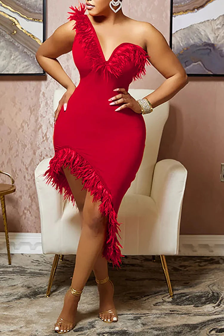 Plus Size Red Party Feather One Shoulder Bodycon Split Midi Dress Plus Size Red Party Feather One Shoulder Bodycon Split Midi Dress