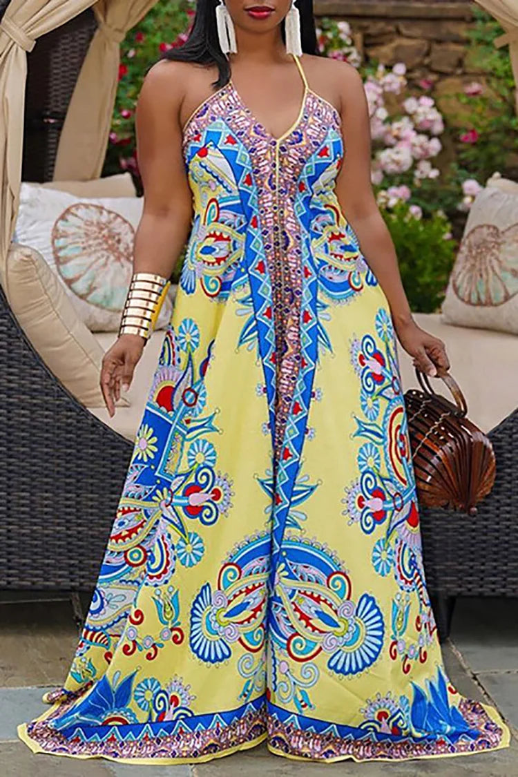Plus Size Yellow Daily Tropical Floral Print Halter Maxi Dress