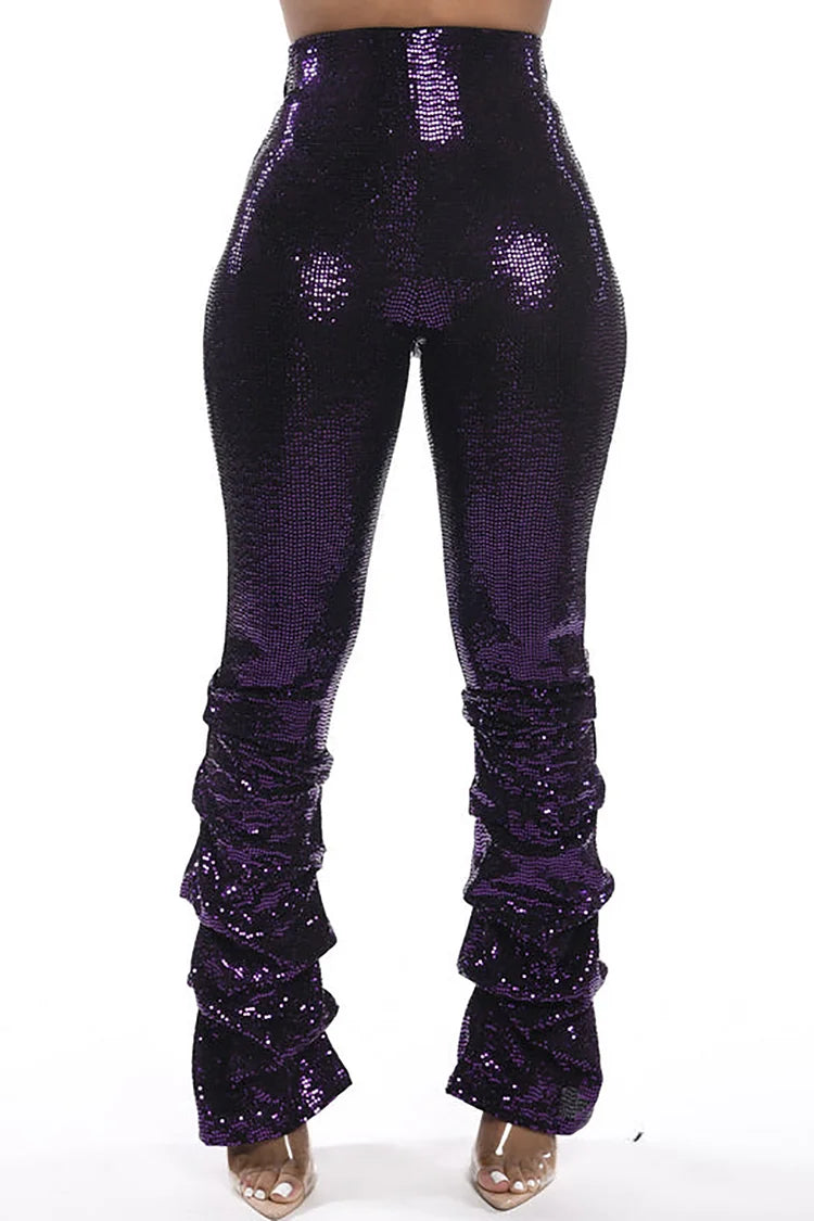 Plus Size Party Glitter Purple High Waist Fold Leggings