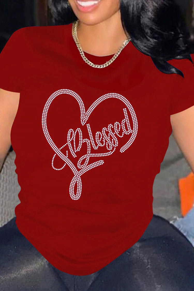 Xpluswear Plus Size Casual Burgundy Graphic Heart O Neck Shiny T-Shirt