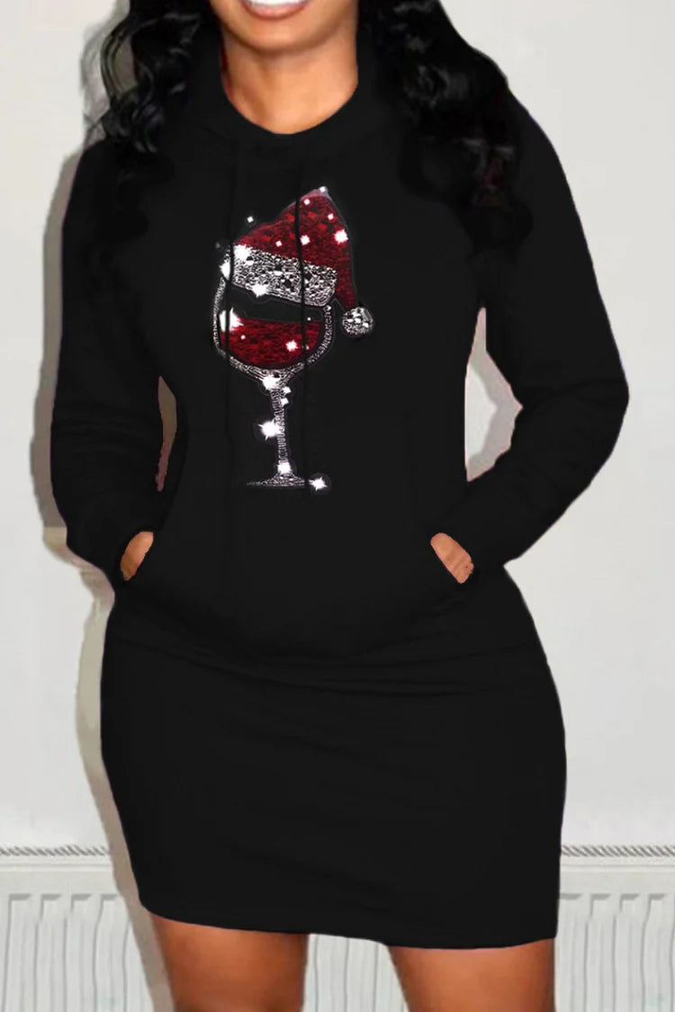Plus Size Graphic Print Hot Drilling With Pockets Casual Black Hoodie Mini Dress