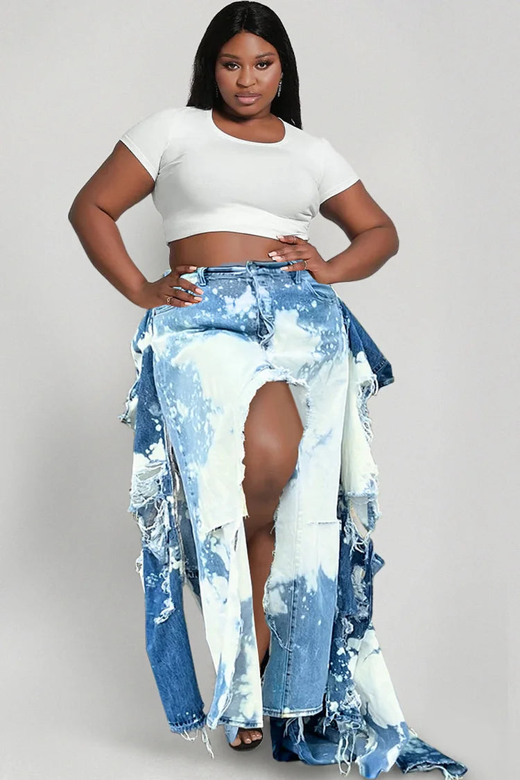 Plus Size Blue Casual Tie-Dye Denim High Split Asymmetric Hem Skirts
