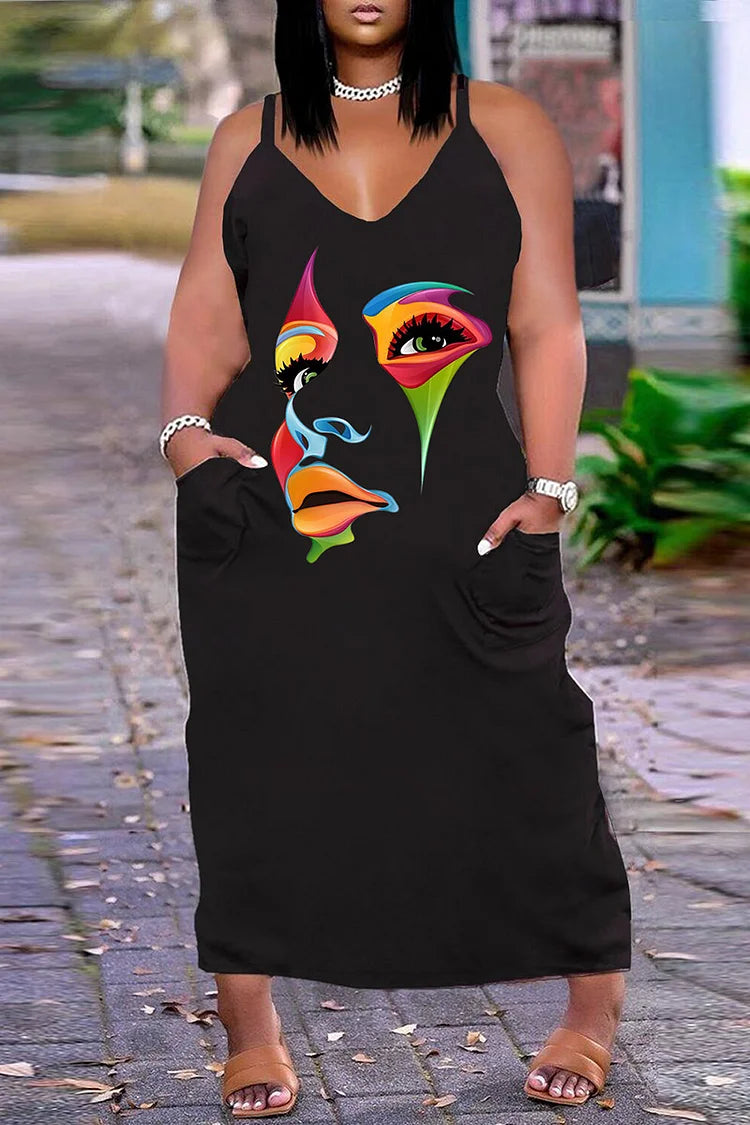 Plus Size Black Casual Graphic Print With Pocket Cami Midi Dress