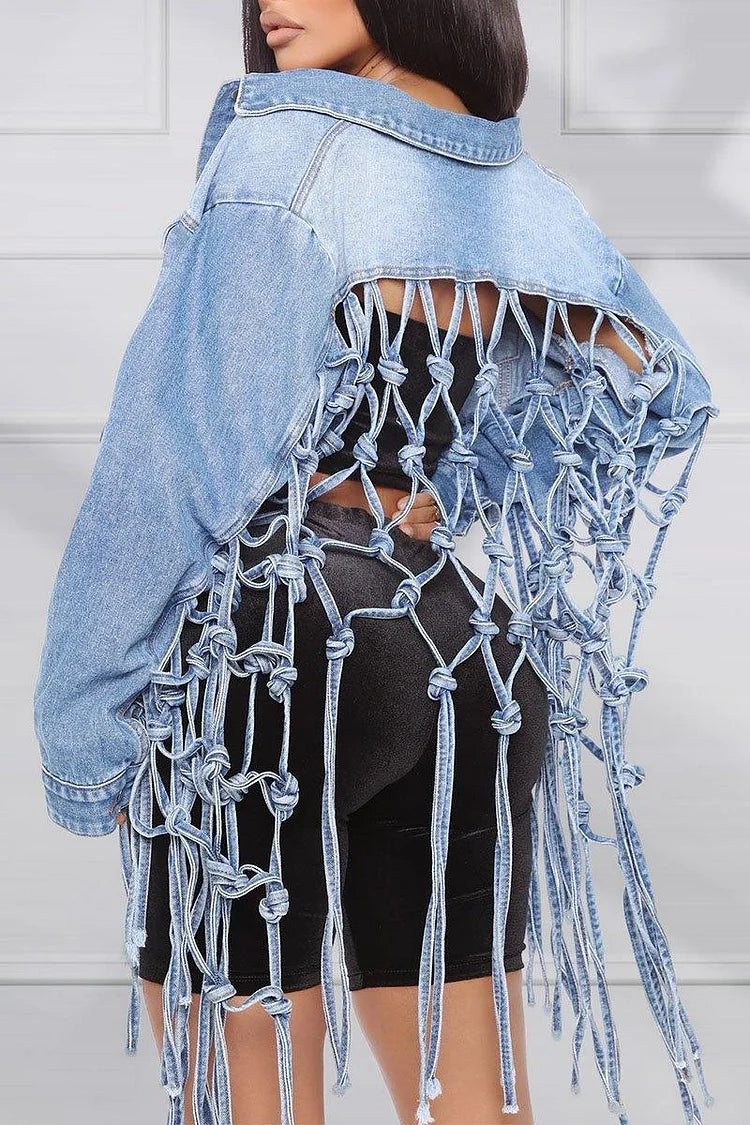 Plus Size Casual Blue Ripped Tassels Jean Jacket