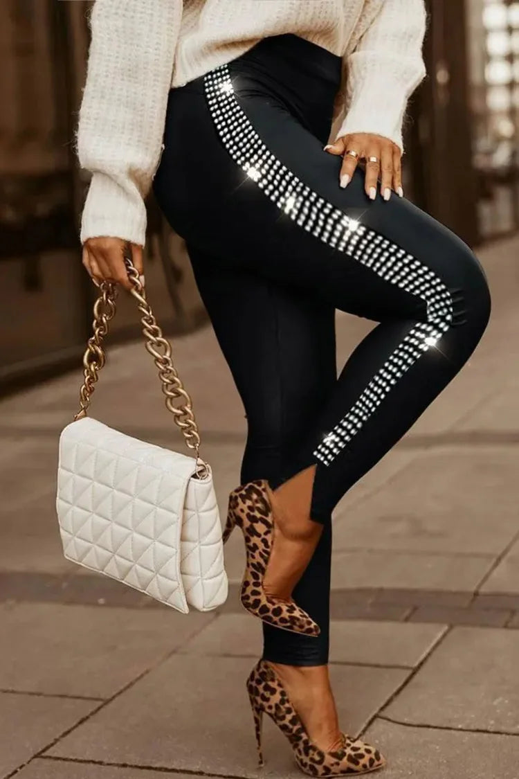 Xpluswear Plus Size Casual Black Shiny Split High Waist Leggings