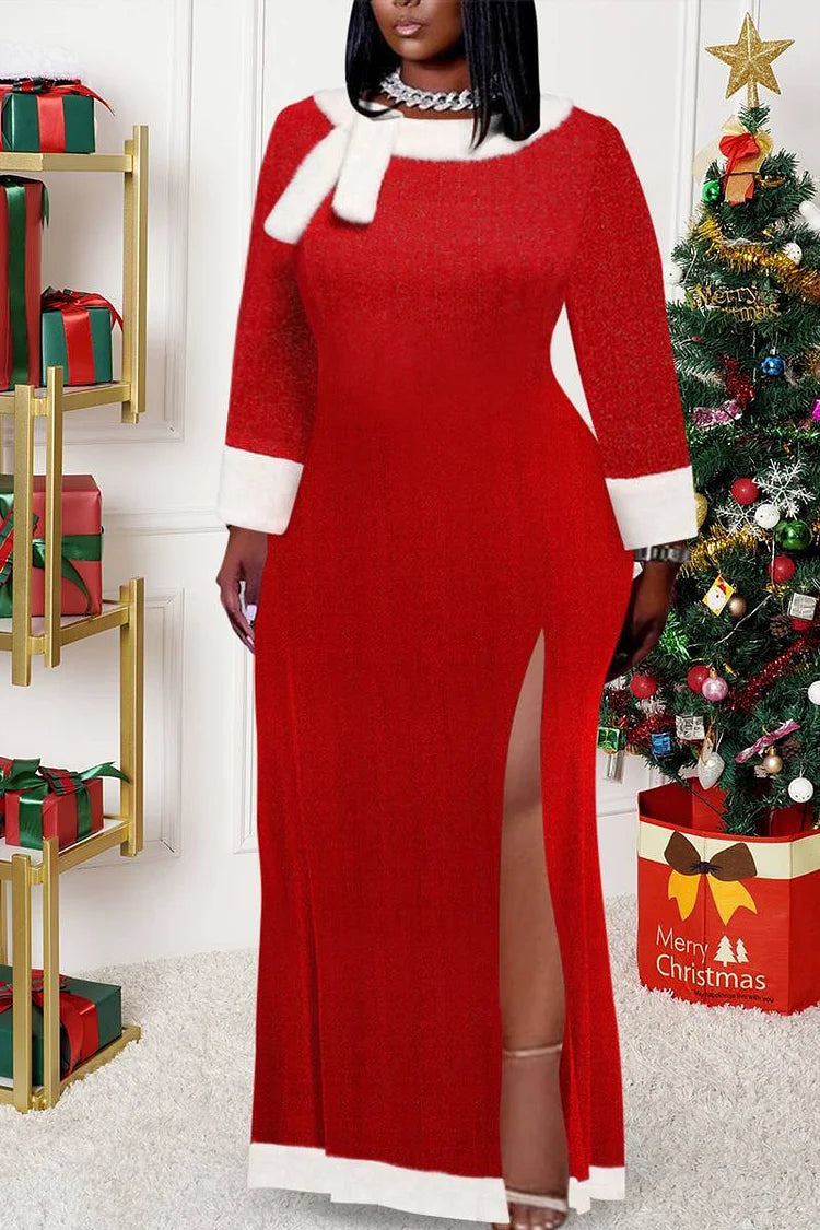 Plus Size RedPlush Belt  High Slit Long Sleeve Maxi Dress