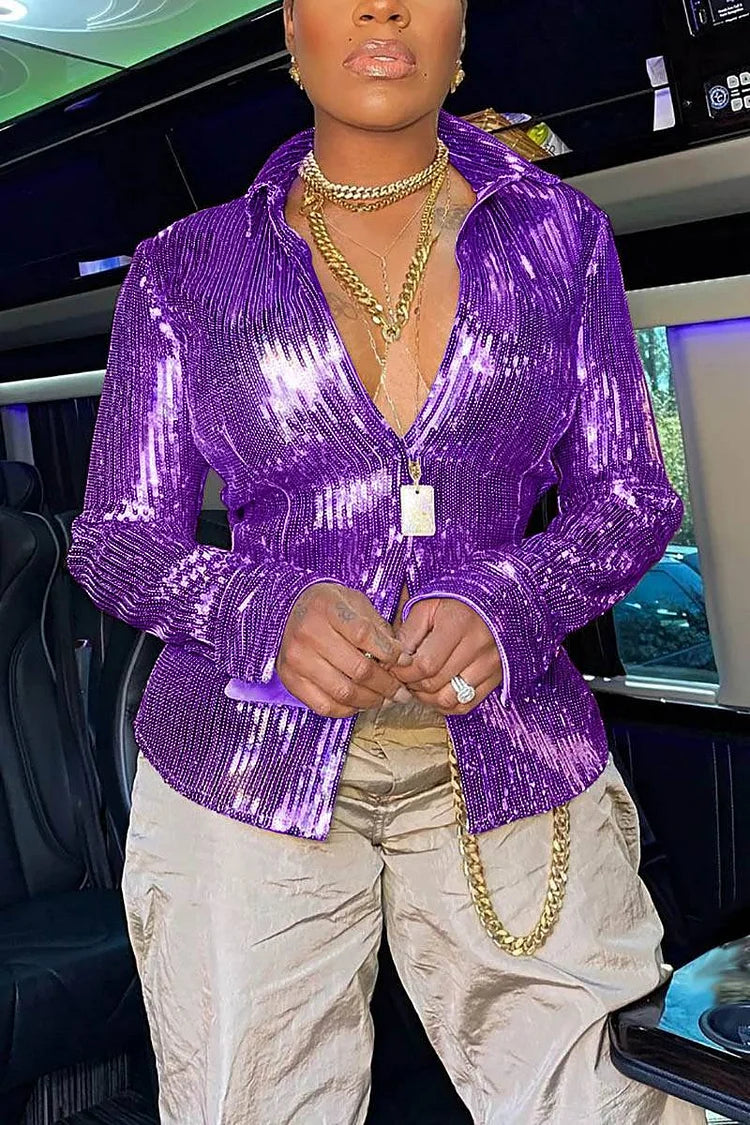 Plus Size Purple Party Sequin Shirt Collar Long Sleeve Blouses