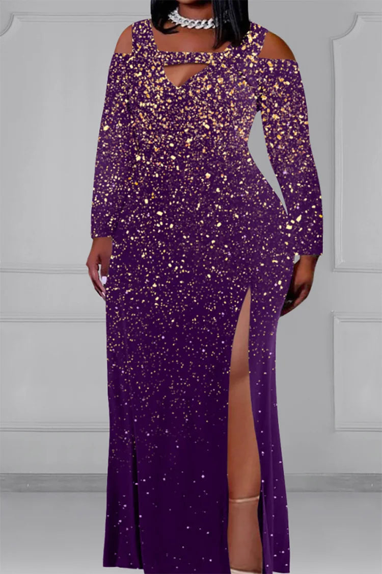 Xpluswear Plus Size Purple Formal Elegant Purple Satin Split Maxi Dresses
