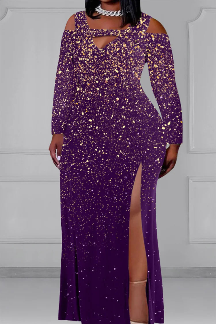 Plus Size Purple Hollow Out Shiny High Split Long Sleeve Maxi