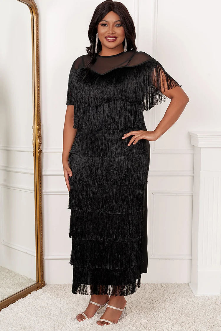 Xpluswear Design Plus Size Black See-through Fringe Split Maxi Dress(Ships 3/20)