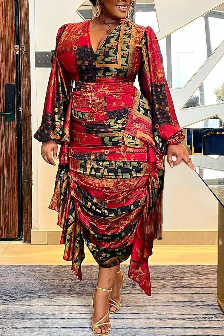 Plus Size Daily Long Sleeve V Neck Drape Dress Pattern Print Midi Dress