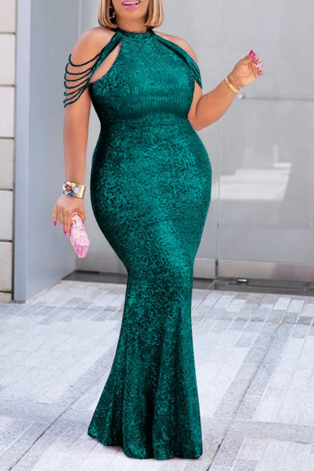 Plus Size Formal Emerald Green Sequin High Neck Sequin Maxi Dress Image