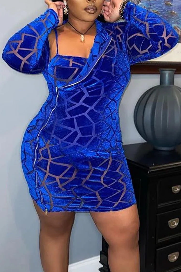 Plus Size Royal Blue Party Long Sleeve Side Zipper Cracked Bodycon Mini Dress
