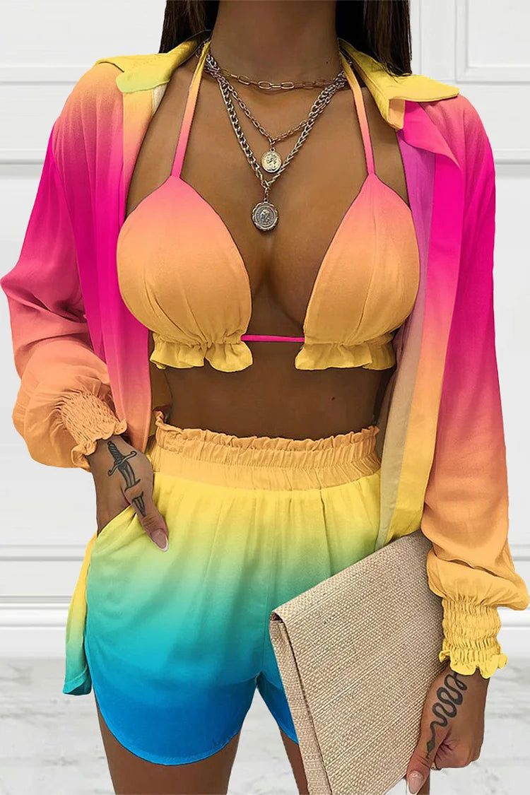 Plus Size Gradient Beach Vacation Bra Top Three Piece Shorts Set