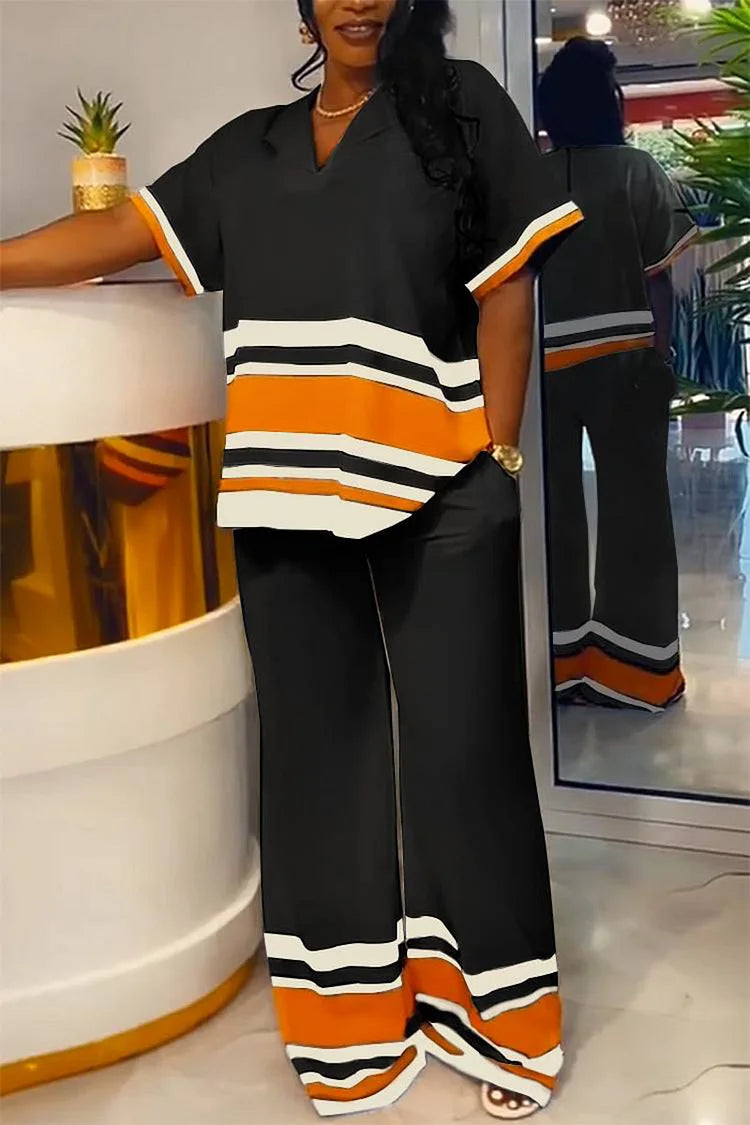 Plus Size Casual Black Stripe Colorblock V Neck Two Pieces Pants Set