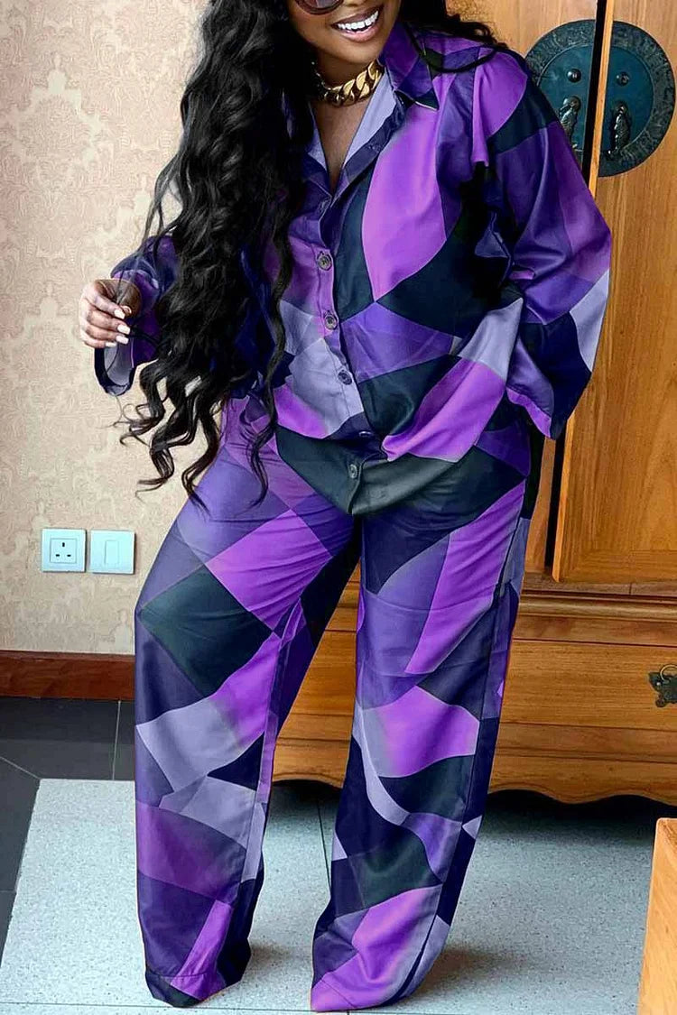 Plus Size Casual Purple Pattern Print Long Sleeve Two Pieces Pants Set