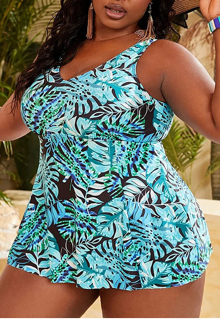 Plus Size Blue Beach Tropical Print One Pieces Swimsuits