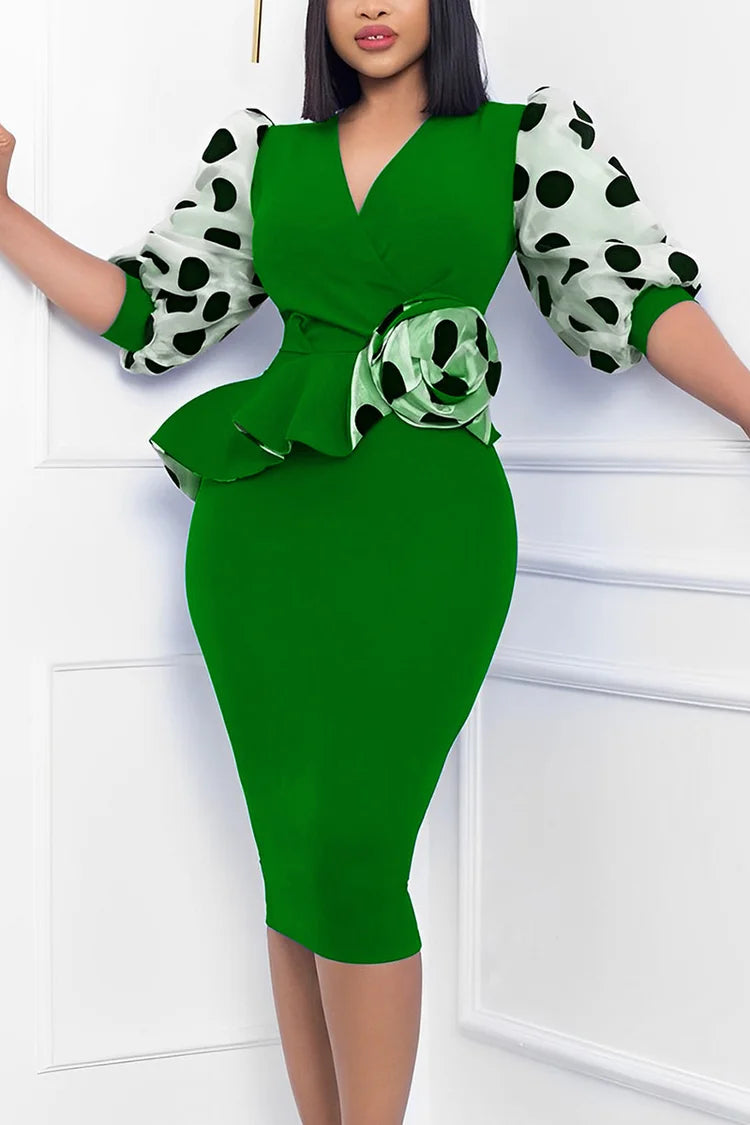Plus Size Work Polka Dots Ruffle Puff Sleeve Green Midi Dress