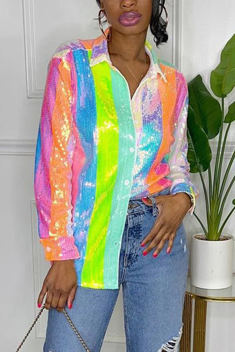 Plus Size Multicolor Daily Rainbow Sequin Shirt