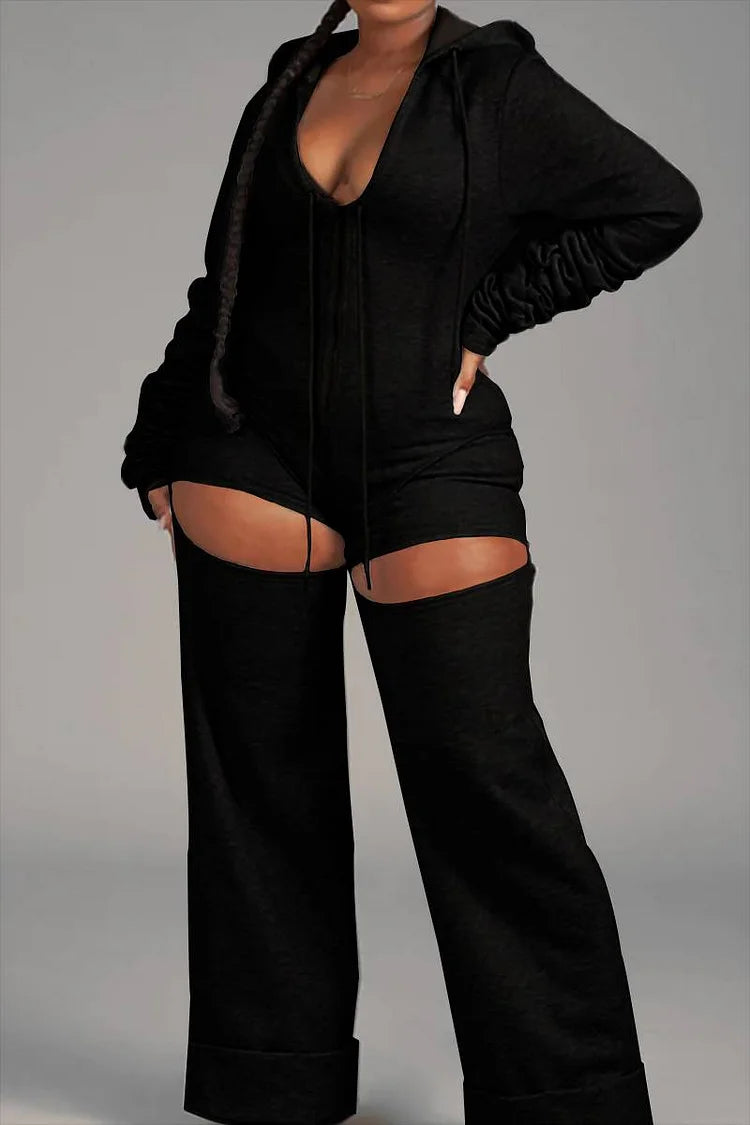 Plus Size Black Casual Cut Out Zipper  Stacked Sleeves Hooded Jumpsuits