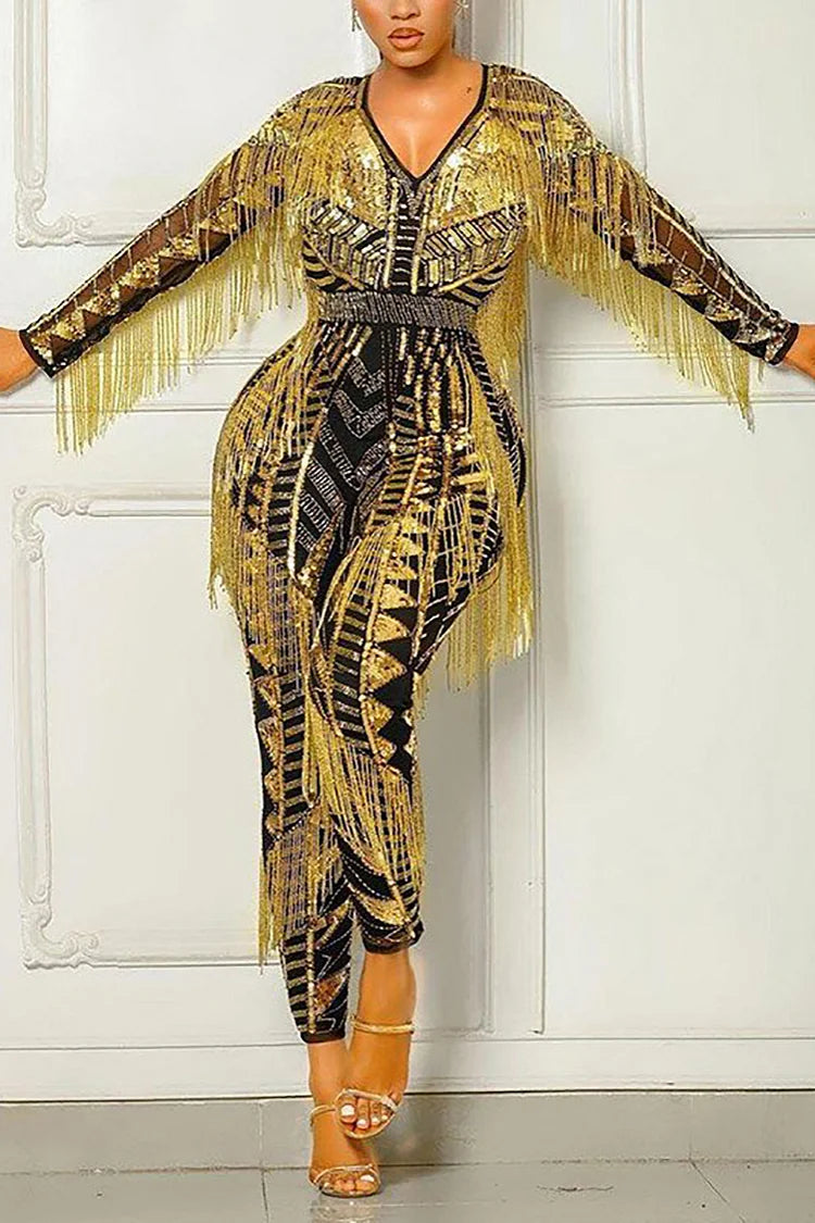 Tassel Gold Fringe Jumpsuit Nude Sequin Tassel Fringe Playsuit